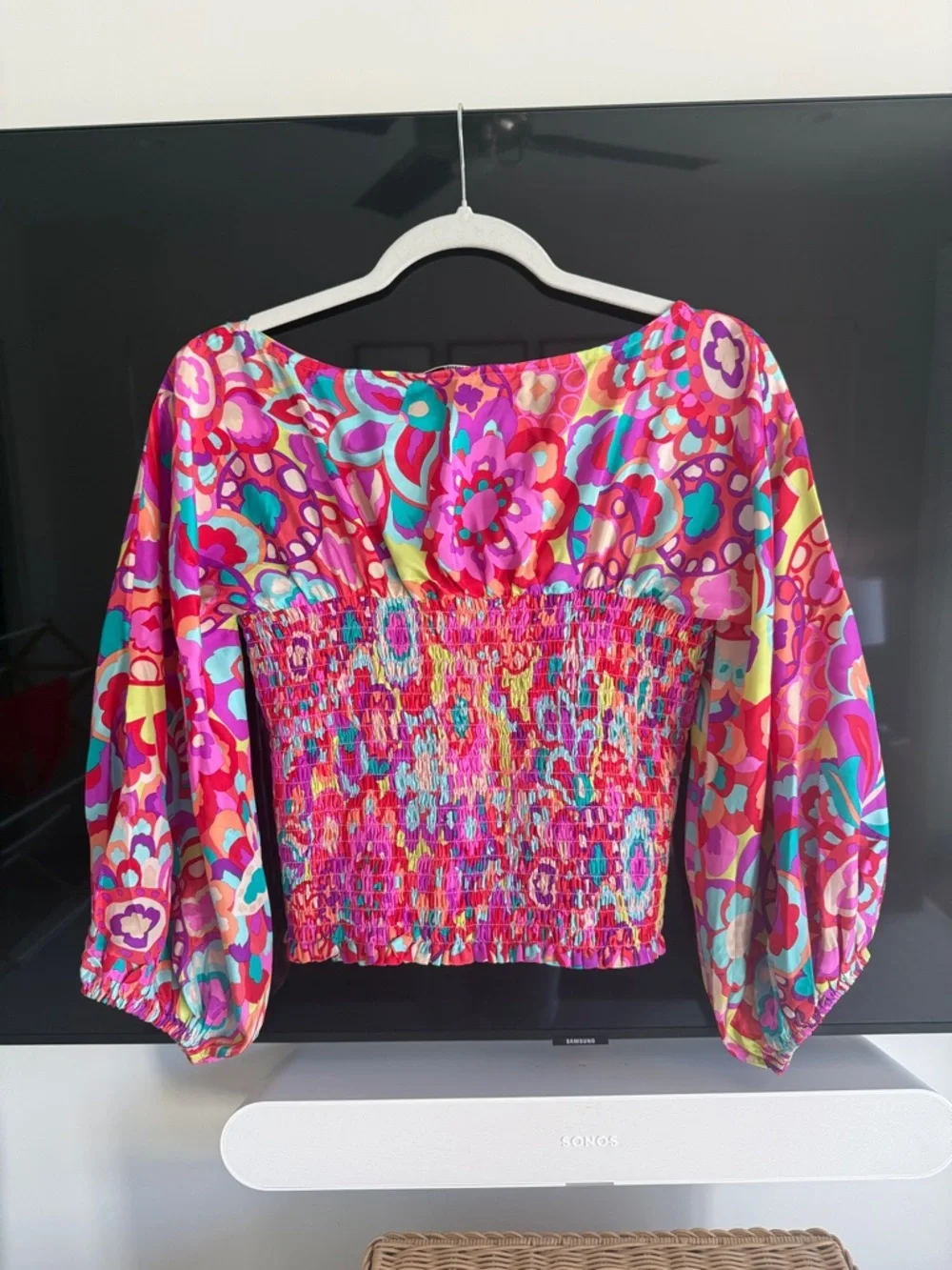 Trina Turk Pink Multicolor Floral Smocked Top - Picture 2 of 6